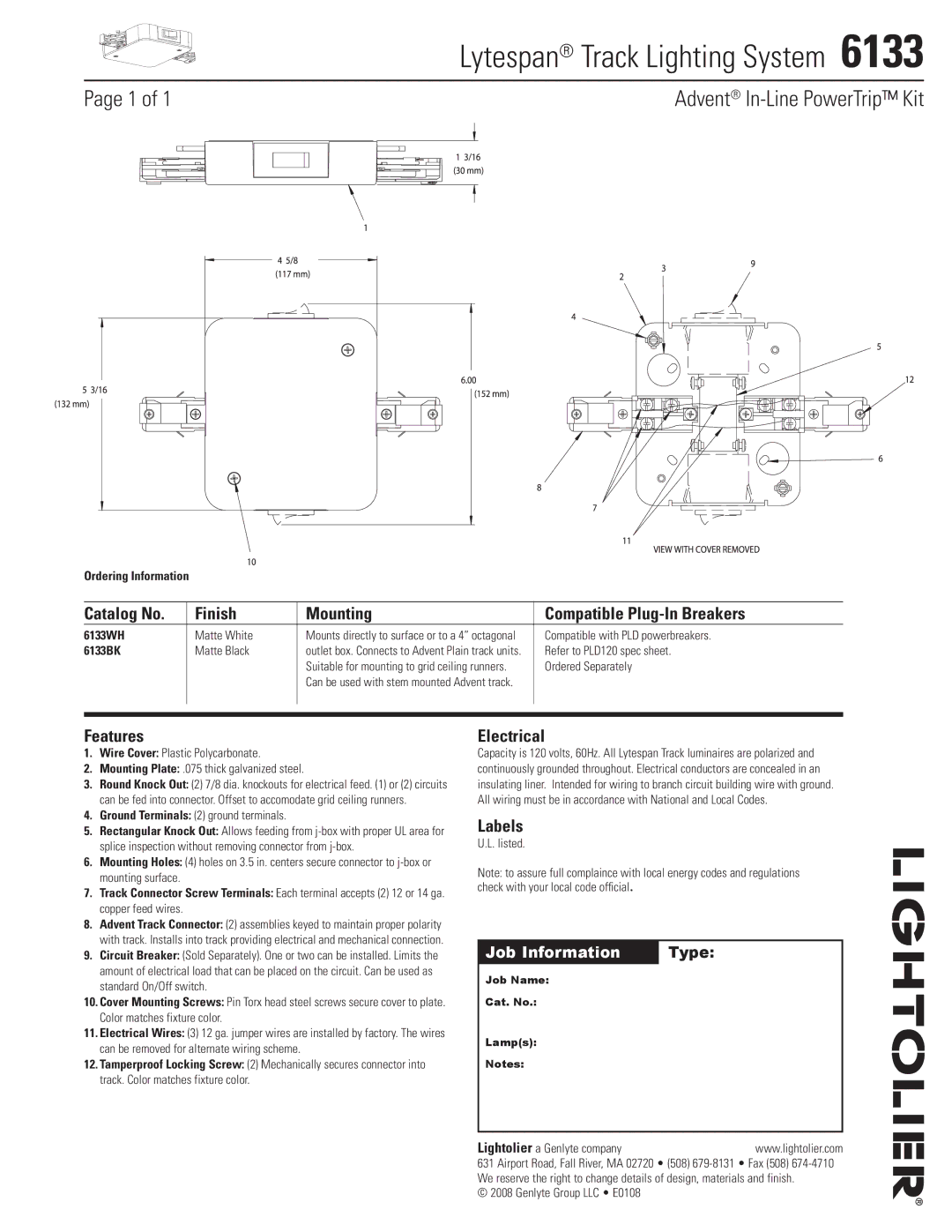 Lightolier 6133 manual Lytespan Track Lighting System , Advent In-Line PowerTrip Kit 